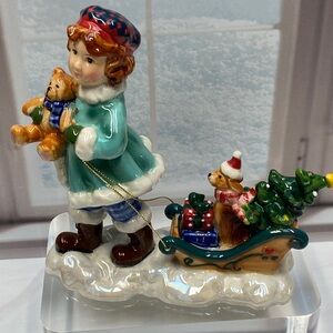 VTG Christmas Girl Pulling Sled Figurine with Teddy Bear, Tree Porcelain Holiday